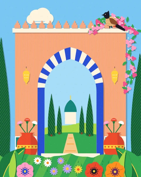 A peach garden wall with a striped pointed gateway opens onto a path between cypresses and a small domed pavilion, with bougainvillea over the top, lamps on the wall and potted carnations at the foot.