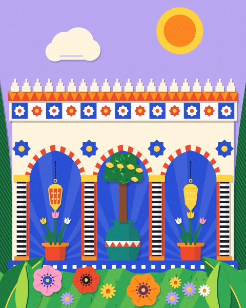 A cream arcade of pointed red-and-white arches on striped columns, with lanterns and tulips in alternate bays and small fruit trees in the others, under a lilac sky.