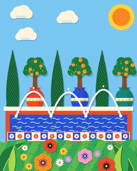 A long red-rimmed pool with crossing white jets and floating leaves, lined with cypresses and orange trees in tall jars under a clear blue sky.