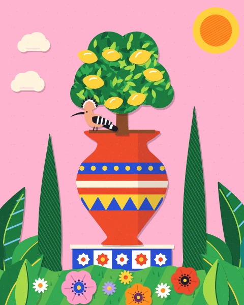 A lemon tree heavy with fruit grows from a big red urn with yellow and blue bands, on a tiled plinth, with a hoopoe on the rim and cypresses behind.