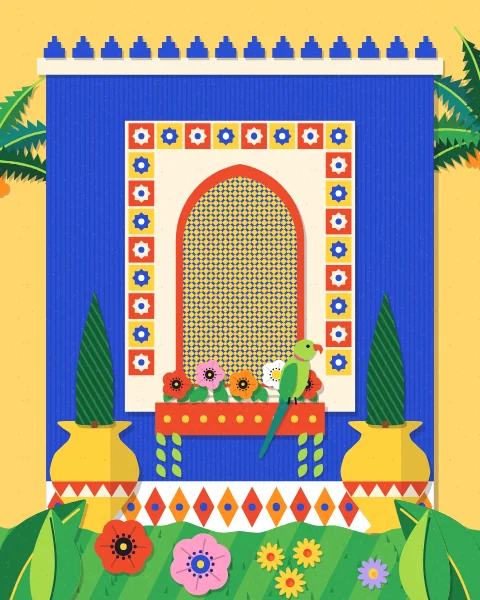 A deep blue wall holds a tiled frame and a pointed lattice window with a box of red and pink flowers on the sill, small cypresses in yellow jars below and a parakeet on the window box.