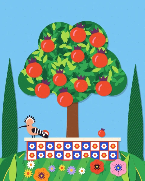 A broad pomegranate tree in full fruit grows from a raised bed faced with star tiles, with fallen fruit on the edge and a hoopoe perched beside it.