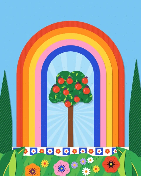 A round arch built from bands of red, orange, yellow, pink and blue frames a small pomegranate tree in a shaft of light, on a tiled step.