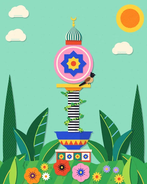 A tall stack of shapes, from a tiled plinth and a patterned bowl to a vine-wrapped striped column, a pink medallion with an eight-point star and a small dome with a crescent.