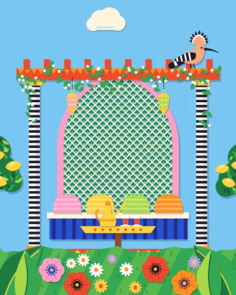 A jasmine-covered pergola on striped columns shelters a blue divan with cushions, a pierced screen, two lanterns and a low table set with a dallah and two tea glasses.