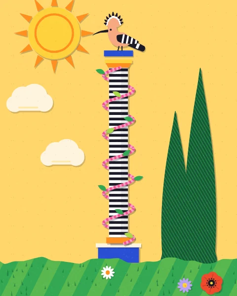 A single black-and-white striped column wrapped in a pink vine stands on a blue plinth with a hoopoe at the top, beside a big yellow sun.
