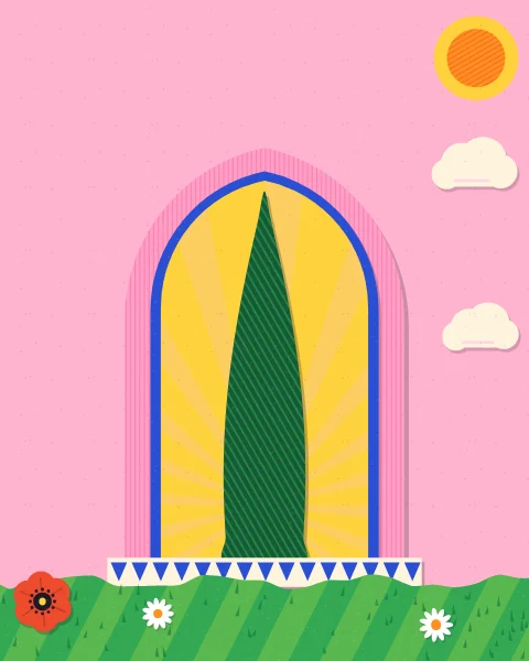 A single dark cypress stands in a pink pointed niche lined in blue, with a yellow ground behind it, on a pale step.