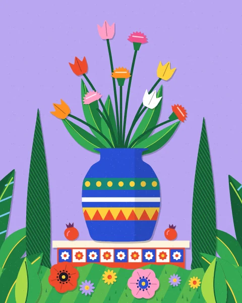 A blue vase banded in yellow, white and teal holds tulips and carnations on a tiled ledge, with two pomegranates beside it and cypresses behind.
