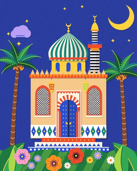 The striped dome, minaret and lattice-windowed house of the medina under a deep blue night sky with a crescent moon and small stars, lanterns lit by the door.