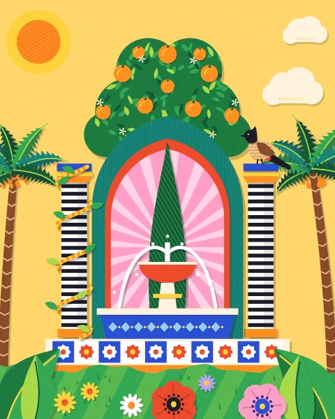 A fountain in a teal and red pointed arch, under an orange tree in fruit and between two striped columns, with a bulbul on one and a butter-yellow sky.