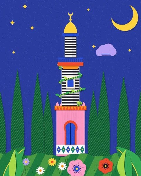 A striped minaret with a pink base rises among cypresses under a dark blue sky with a yellow crescent moon and small stars.