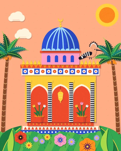 A yellow garden pavilion with blue arches and a ribbed blue dome stands on tiled steps between date palms, with a hoopoe on the roof under a peach sky.