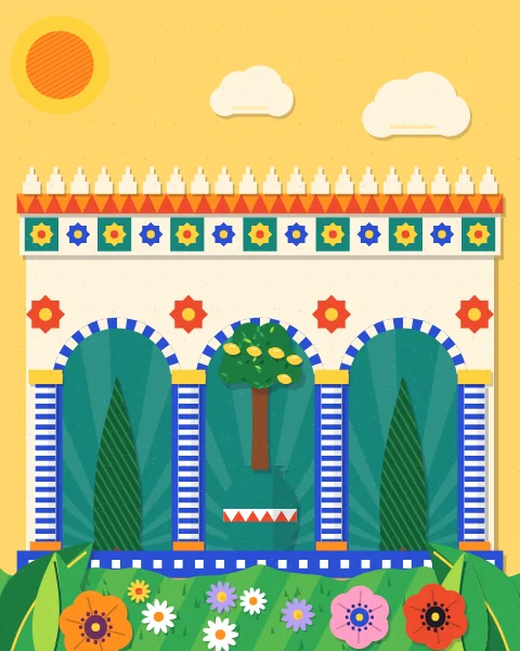 A long cloister of round red-and-cream arches on blue-striped columns, each bay holding a cypress or a fruit tree in a jar, under a yellow sky.