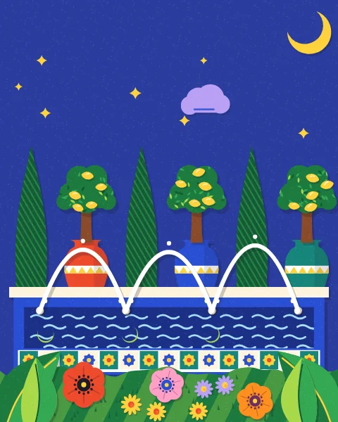 A long garden pool with crossing jets reflects a dark blue sky, a crescent moon and small stars, lined with cypresses and lemon trees in jars.