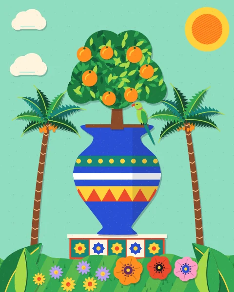 An orange tree in fruit grows from a big blue urn banded in yellow and red, on a tiled red plinth, with a parakeet on the rim and palms behind.
