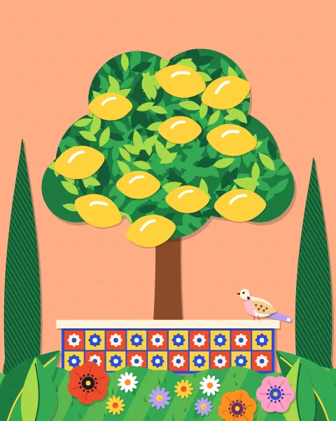 A round lemon tree full of fruit grows from a blue raised bed faced with red and cream star tiles, under a peach sky with cypresses behind.