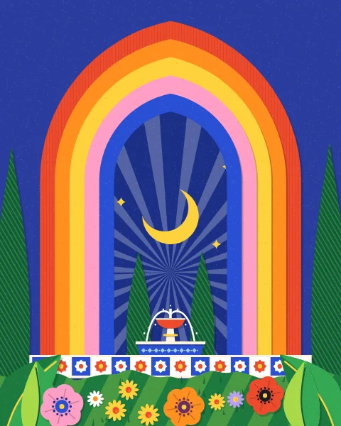 A pointed arch of red, orange, yellow, pink and blue bands frames a night garden with a crescent moon, small stars, two cypresses and a little fountain.