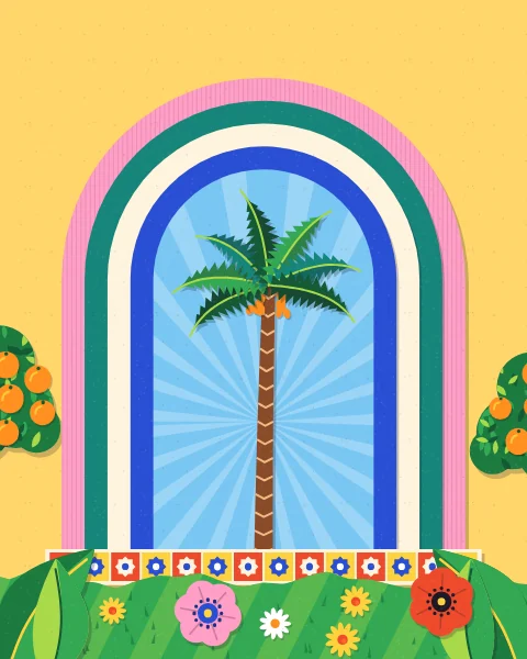 A round arch of pink, teal, cream and blue bands frames a single date palm in a burst of light, on a tiled step, with orange trees on either side.