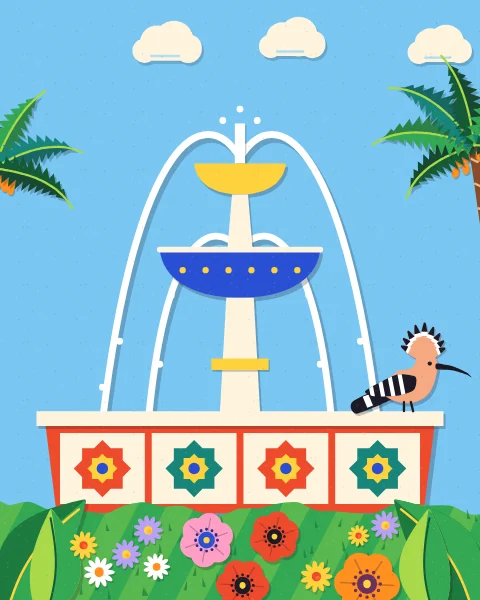 A three-tier fountain with a yellow top bowl throws wide arcs of water into a red-panelled basin with star tiles, with a hoopoe on the rim between palms.
