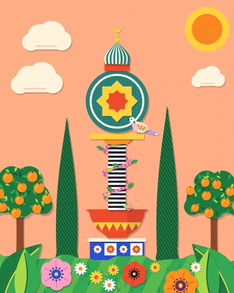 A garden pillar of a red bowl, a striped column twined with a pink vine, a teal medallion with a yellow star and a small dome topped by a crescent, under a peach sky.