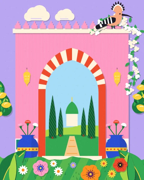 A pink garden wall with a red-and-cream gateway looks onto a cypress path and a small green dome, with white jasmine over the top and pots of carnations, under a lilac sky.
