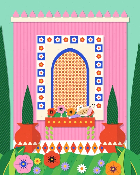 A pink wall with a tiled frame holds a blue-framed lattice window over a box of flowers, with cypresses in red jars below and a dove on the sill, under a mint sky.