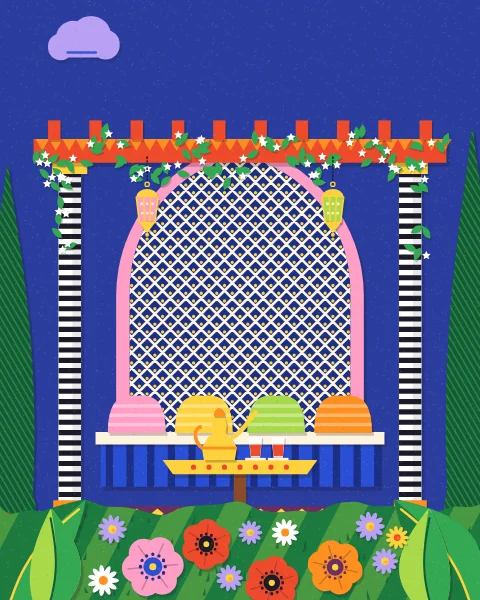 A jasmine pergola at night with two lit lanterns, a pink screen, a blue divan with cushions and a low table with a dallah and tea glasses, under a crescent moon.