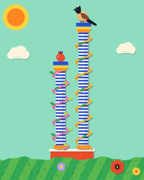 Two blue-and-white striped columns twined with vines stand on red plinths, a pomegranate on the shorter and a bulbul on the taller, on a mint green sky.