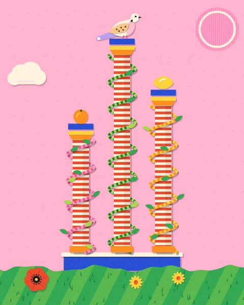 Three red-and-cream striped columns of different heights, twined with vines, hold an orange, a lemon and a turtle dove against a pink sky.