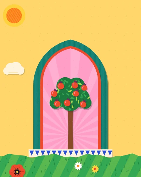 A small pomegranate tree in fruit stands in a teal pointed niche lined in red, with a pale pink ground, on a step, under a butter-yellow sky.