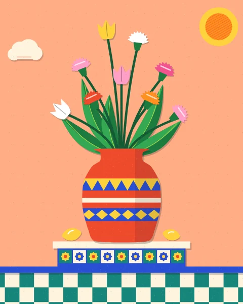 A red vase banded in blue and yellow holds pink, red and white carnations and tulips on a tiled ledge, with two lemons beside it, set on a tiled floor under a peach sky.