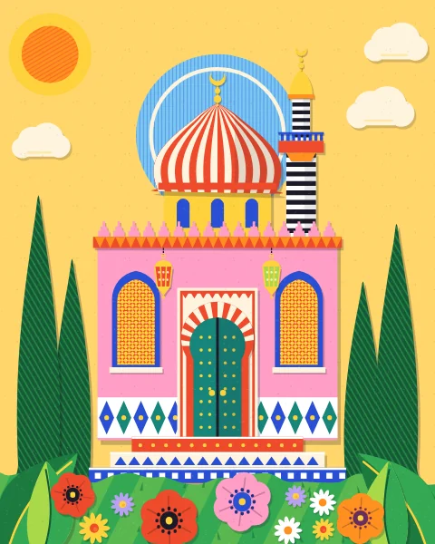 A pink house with a red-and-cream striped dome on a yellow drum, a slender minaret, lattice windows, lanterns and a blue door, with a blue halo behind the dome and cypresses and lemon trees around.