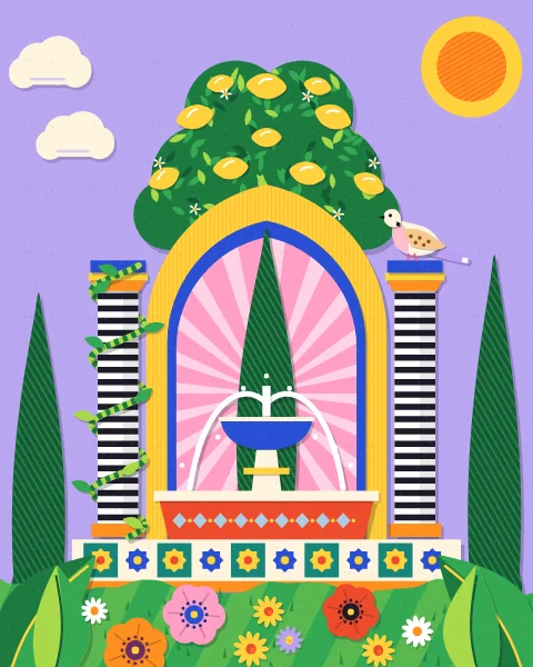 A fountain in a yellow and blue pointed arch, under a lemon tree and between striped columns, with a dove on one column, against a lilac sky.