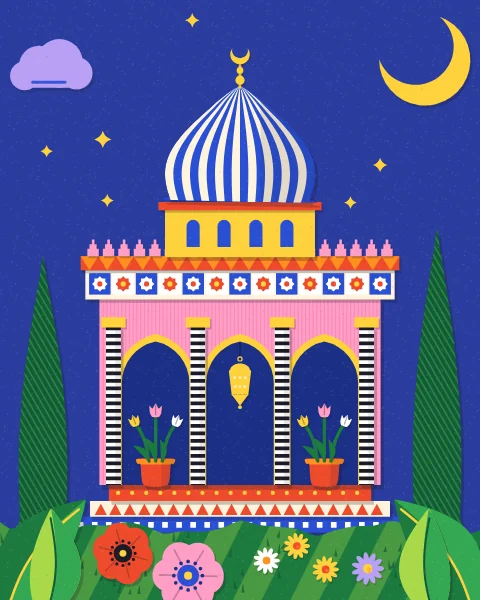 A pink pavilion with lit lanterns and a cream striped onion dome stands under a deep blue sky with a crescent moon and stars, among cypresses and palms.