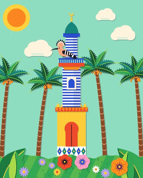 A yellow-based garden tower with striped shafts, a red balcony and a teal cupola rises among tall date palms under a mint sky, a hoopoe on the balcony.