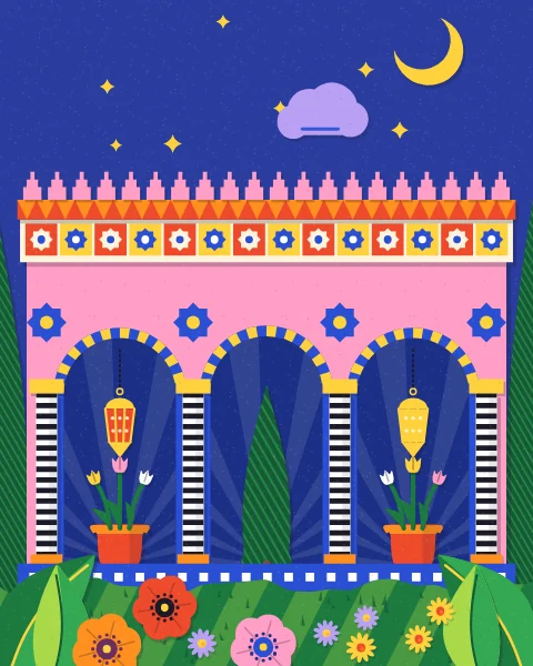 A pink arcade of round blue-and-yellow arches holds lanterns, tulips and cypresses under a deep blue night sky with a crescent moon and stars.