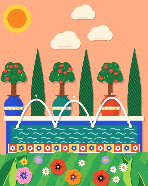 A long blue-rimmed pool with crossing jets is lined with cypresses and pomegranate trees in jars under a peach sky.