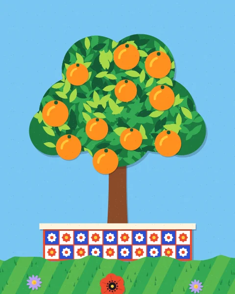 A single round orange tree full of fruit grows from a red raised bed with blue and cream star tiles, on a plain sky-blue ground with one cloud.
