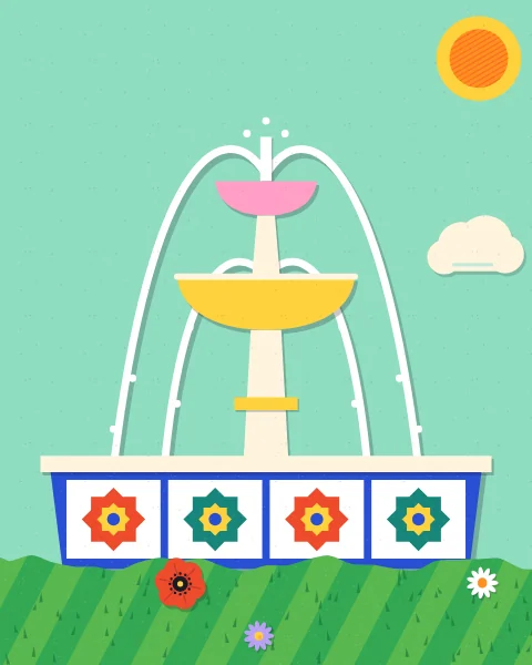 A white three-tier fountain over a blue basin with star tiles, with two arcs of water, alone on a mint green ground.
