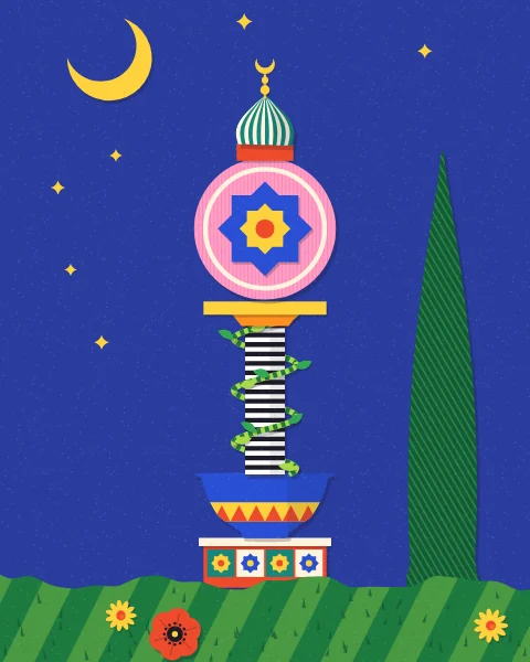 A garden pillar with a striped column, a pink star medallion and a small dome with a crescent stands alone under a deep blue sky with a crescent moon.