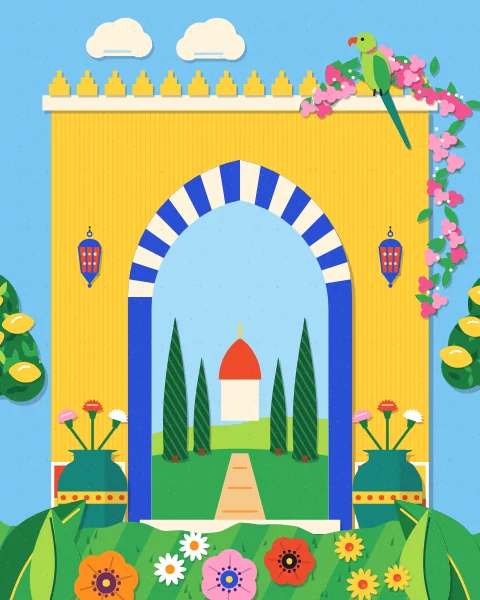 A yellow garden wall with a blue striped gateway opens onto a cypress path, with pink bougainvillea over the top and lemon trees on either side under a blue sky.
