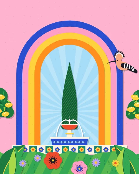 A round arch of cobalt, pink, yellow and orange bands frames a cypress and a tiered fountain in a burst of light, under a pink sky, with lemon trees beside it.