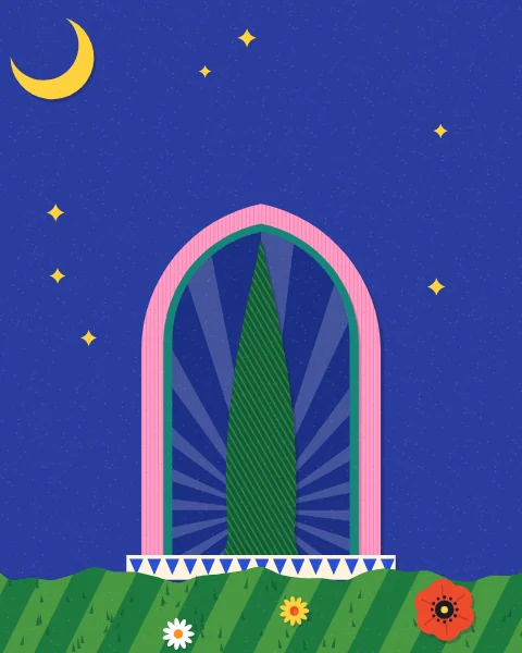 A tall cypress stands in a pink pointed niche lined in teal, against a deep blue night sky with a crescent moon and small stars.