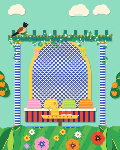 A jasmine pergola on blue-striped columns over a tomato divan with cushions, a teal screen and a low table with a dallah and tea glasses, under a mint sky with orange trees around.