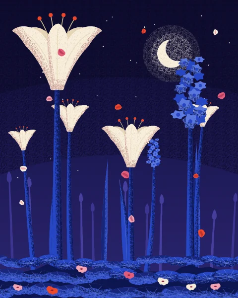 White lilies and blue hyacinths stand far above a carpet of round leaves under a deep night sky, with a crescent and small stars.