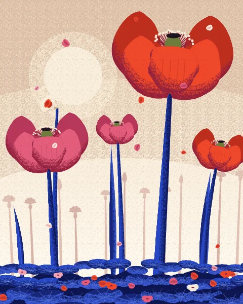 Red poppies on tall, bending stems rise into a pale cream sky with a soft sun, and fallen petals rest on the leaves below.