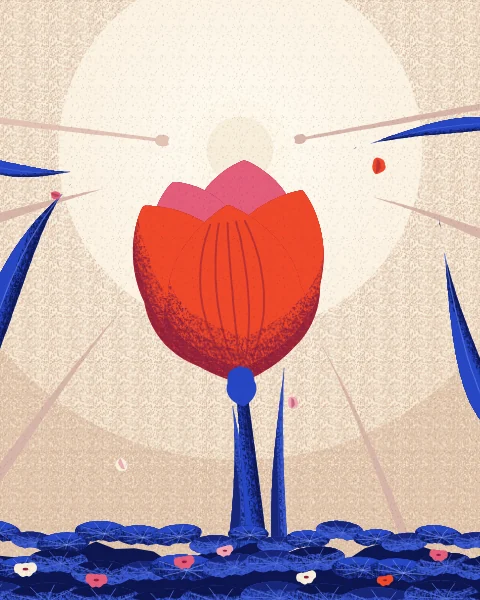 A single giant red tulip rises on a tall stem from a carpet of round leaves into a cream sky, with a few far stems and falling petals.