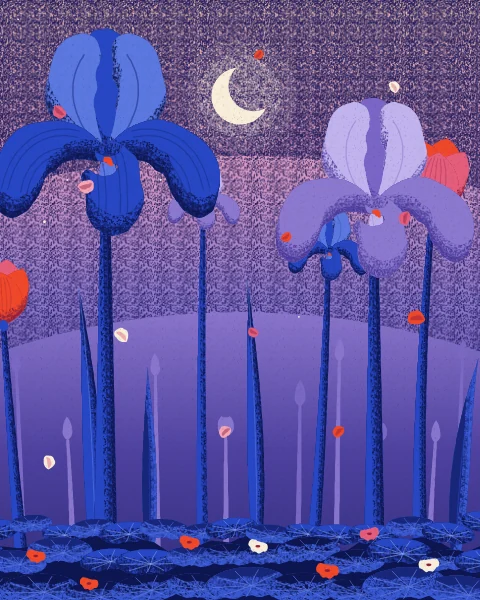 Tall irises stand like trees above a carpet of leaves under a dusk sky that fades from indigo to pink, with a crescent rising.
