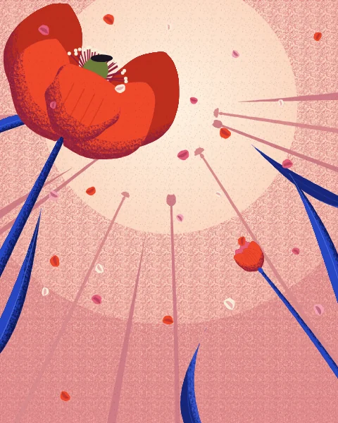 Petals drift down through a peach sky past one giant poppy leaning in from the corner, with a few far stems below.