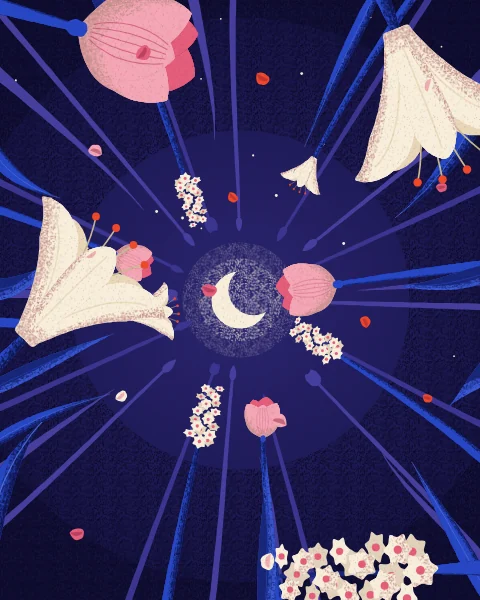 Looking straight up at midnight through white lilies, cream hyacinths and pale tulips that lean in around a crescent and stars.